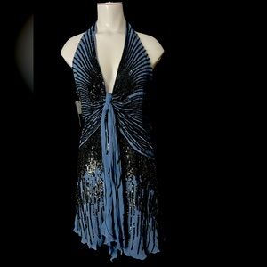 Elegant Blue and Black Sequin Halter Dress